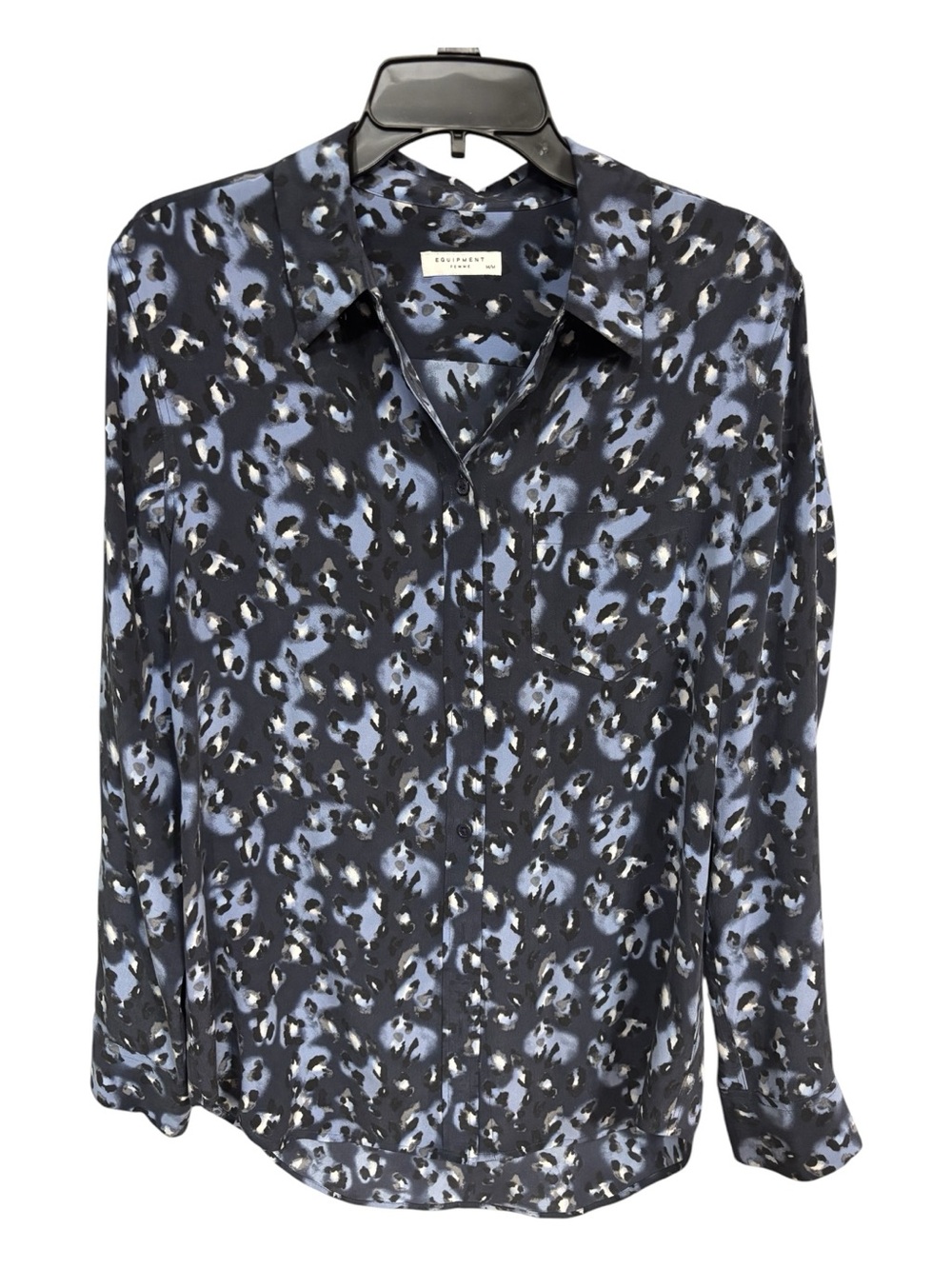 NWOT Equipment Femme Blue and Black Leopard-Print Button Hi-lo Blouse Sz M